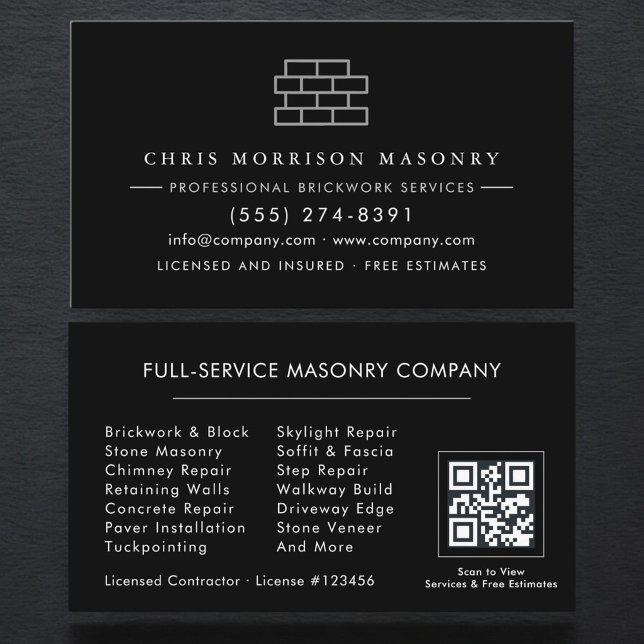Cartão De Visita Modern Bricklayer Brick Masonry Company QR Code (Criador carregado)