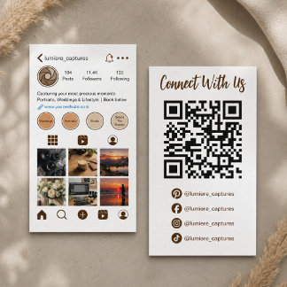 Cartão De Visita Modern Brown Social Media Photo Grid QR Code