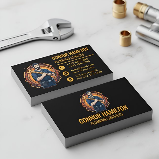 Cartão De Visita Modern Cool Cartoon Plumber Blue Orange (Criador carregado)