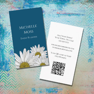 Cartão De Visita Modern Daisies Código QR Floral Azul