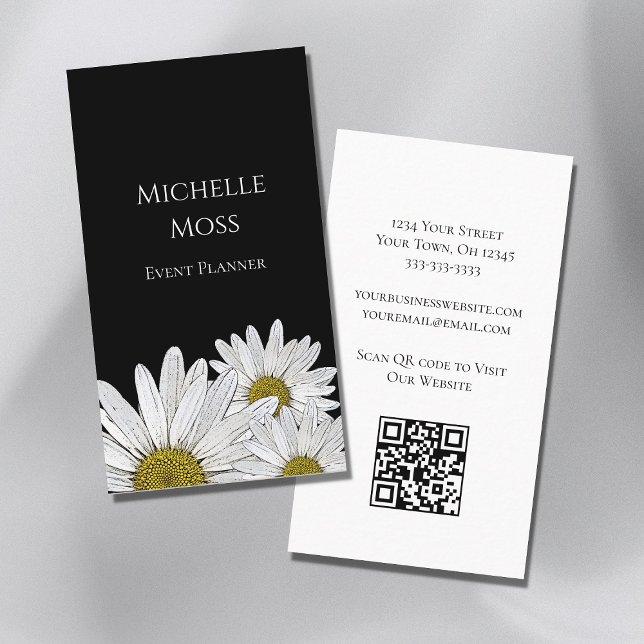 Cartão De Visita Modern Daisies Código QR Preto Branco Floral (Criador carregado)