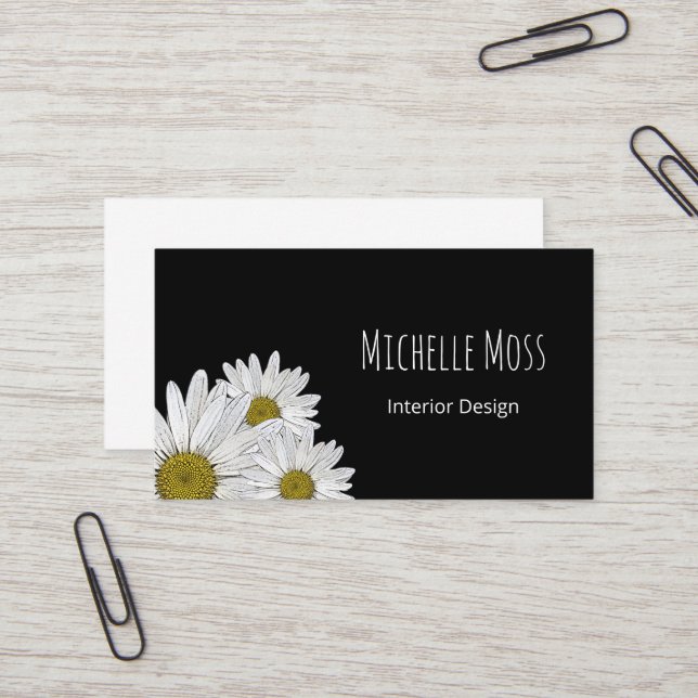 Cartão De Visita Modern Daisies Trendy Botanical Black White (Frente/Verso In Situ)