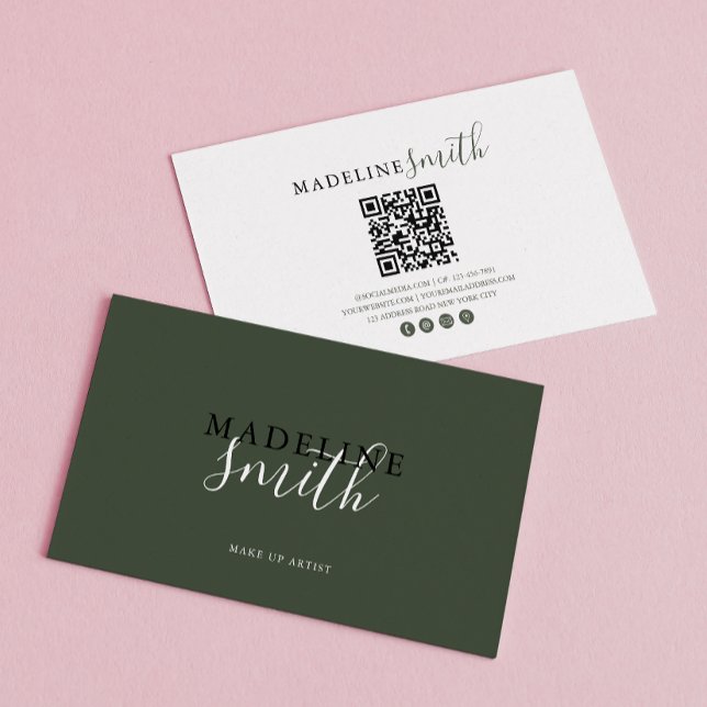Cartão De Visita Modern Dark Green Script QR code (Criador carregado)