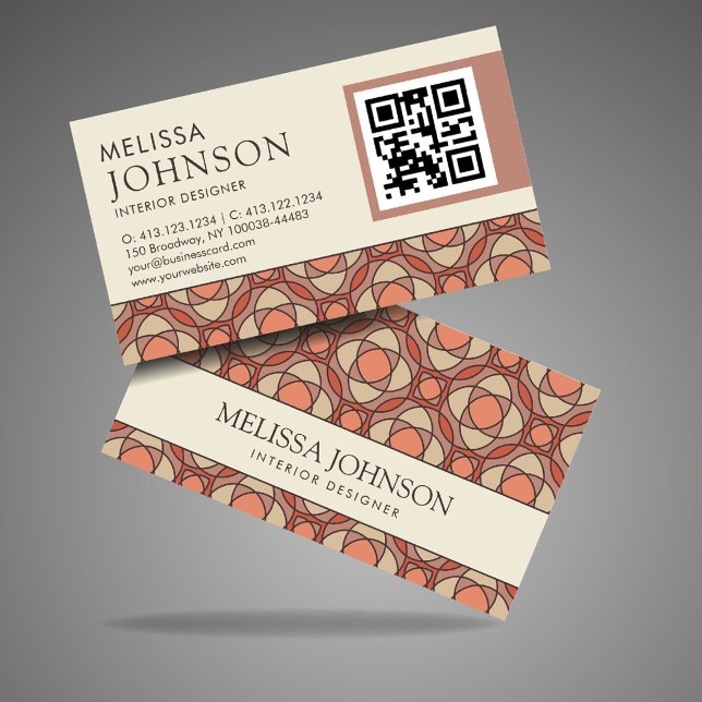 Cartão De Visita Modern Earthy Mosaic Interior Designer QR Code (Criador carregado)