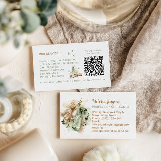 Cartão De Visita Modern Eco Cleaner Housekeeping QR Code Minimal