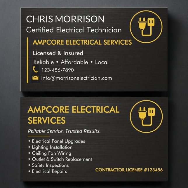 Cartão De Visita Modern Electrician Branding Black Yellow Metallic (Criador carregado)