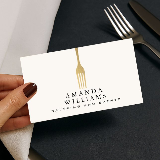 Cartão De Visita Modern Faux Gold Fork Catering Logo Ivory (Criador carregado)