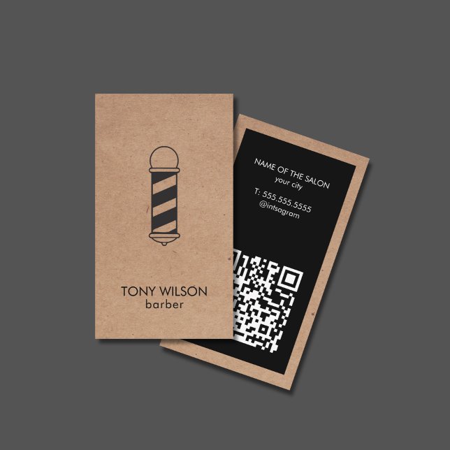 Cartão De Visita Modern Faux Kraft Black QR Code Barber Pole Salon (Criador carregado)