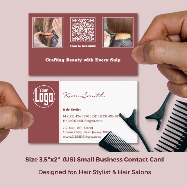 Cartão De Visita Modern Gallery QR Hair Stylist Burgundy & White  (Modern Gallery QR Hair Stylist Burgundy & White Business Card; Size 3.5x2 Inch (US))