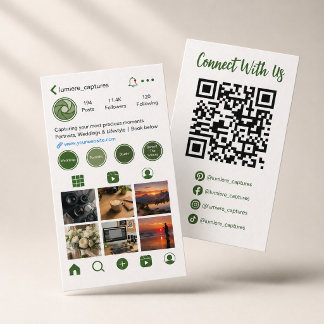 Cartão De Visita Modern Green Social Media Photo Grid QR Code