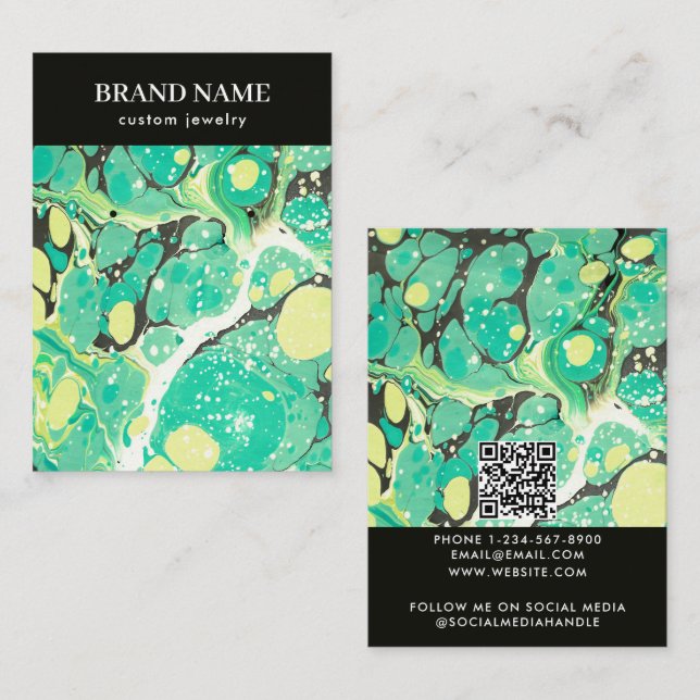 Cartão De Visita Modern Green Yellow Marble Jewelry Display Card (Frente/Verso)