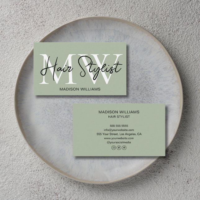 Cartão De Visita Modern Hair Stylist Monogram Sage Green  (Modern Hair Stylist Monogram Sage Green Business Card)