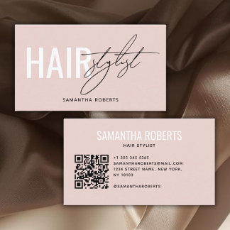 Cartão De Visita Modern hair stylist QR Code blush pink