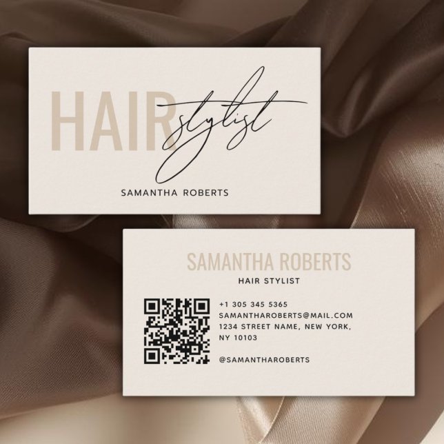 Cartão De Visita Modern hair stylist QR Code cream (Criador carregado)