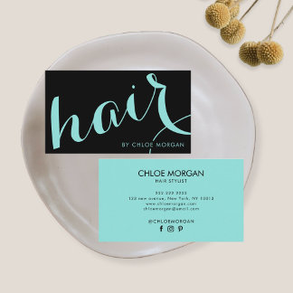 Cartão De Visita Modern hair stylist script black and blue