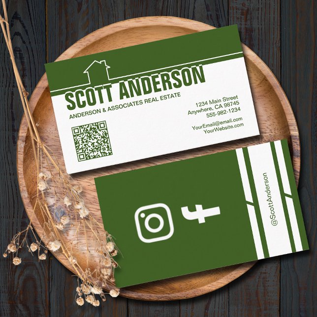 Cartão De Visita Modern Home Logo Social Media QR Code Green (Home logo QR Code social media green-white business cards - real estate, cleaning, construction)