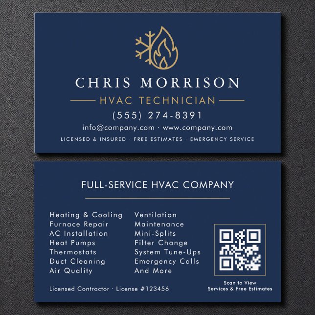 Cartão De Visita Modern HVAC Navy Blue Gold QR Code (Criador carregado)