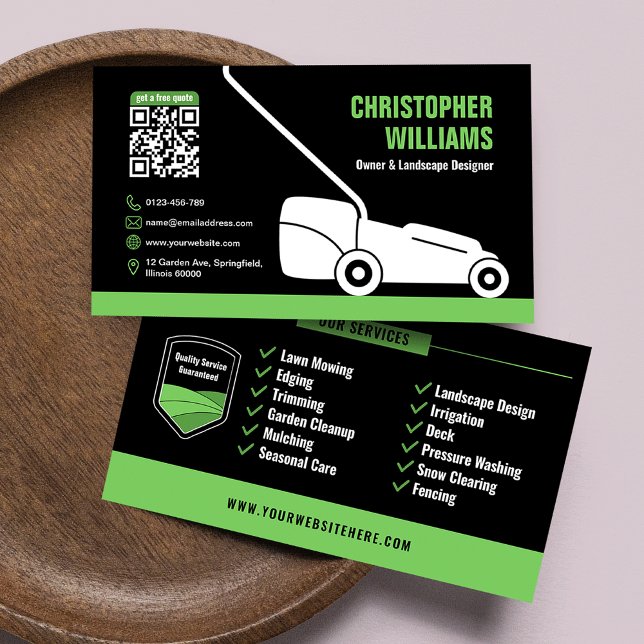 Cartão De Visita Modern Landscaping Lawn Mowing Black Green QR Code (Modern Landscaping Lawn Mowing Black Green QR Code Business Card)