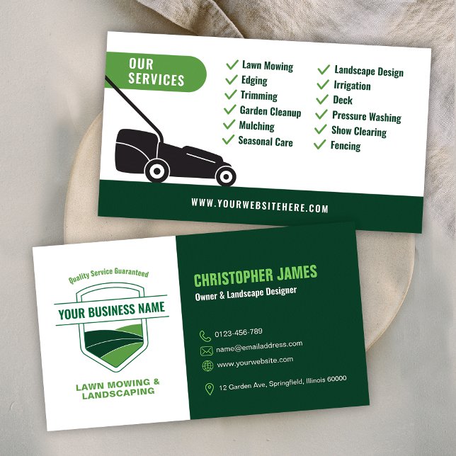 Cartão De Visita Modern Landscaping Lawn Mowing White & Green (Modern Landscaping Lawn Mowing White & Green Business Card)