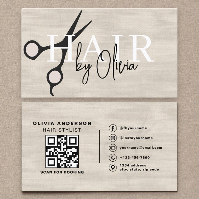 Cartão De Visita Modern Linen Scissors QR Code Hair Stylist  (Criador carregado)
