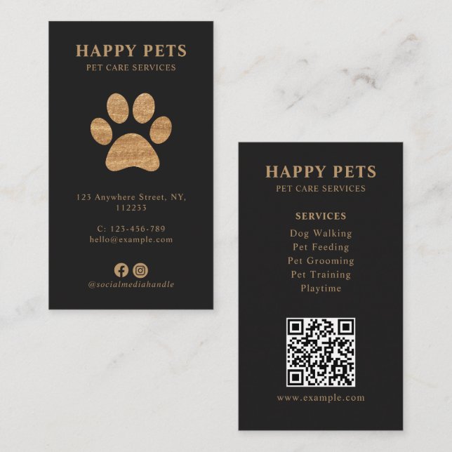 Cartão De Visita Modern Luxury Charcoal Gold Paw Pet Care Services (Frente/Verso)