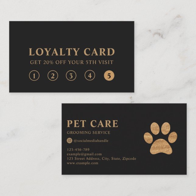 Cartão De Visita Modern Luxury Charcoal Gold Pet Paw Loyalty Card (Frente/Verso)