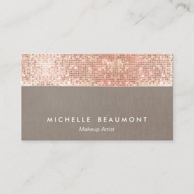 Cartão De Visita Modern Makeup Artist Faux Rosa Sequências Douradas (Frente)