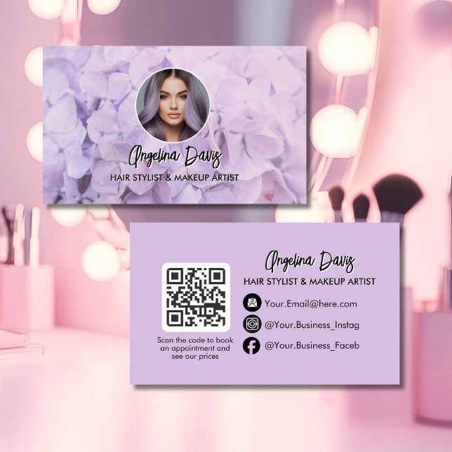 Cartão De Visita Modern makeup floral purple photo qr code (Criador carregado)
