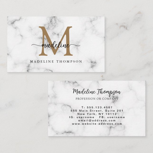 Cartão De Visita Modern Marble Gold Girly Script Monogram (Frente/Verso)