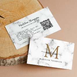 Cartão De Visita Modern Marble Gold Girly Script Monogram QR Code