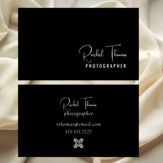 Cartão De Visita Modern Minimalist Black & White QR Code Elegant
