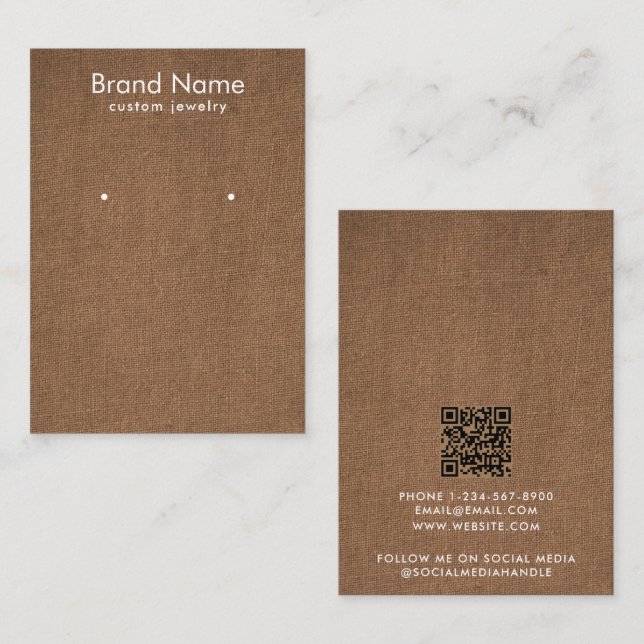 Cartão De Visita Modern Minimalist Brown Linen Jewelry Display Card (Frente/Verso)