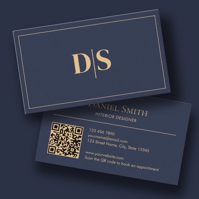 Cartão De Visita Modern Minimalist Dark Blue Initials QR Code (Modern Minimalist Business Card Initial Dark Blue)