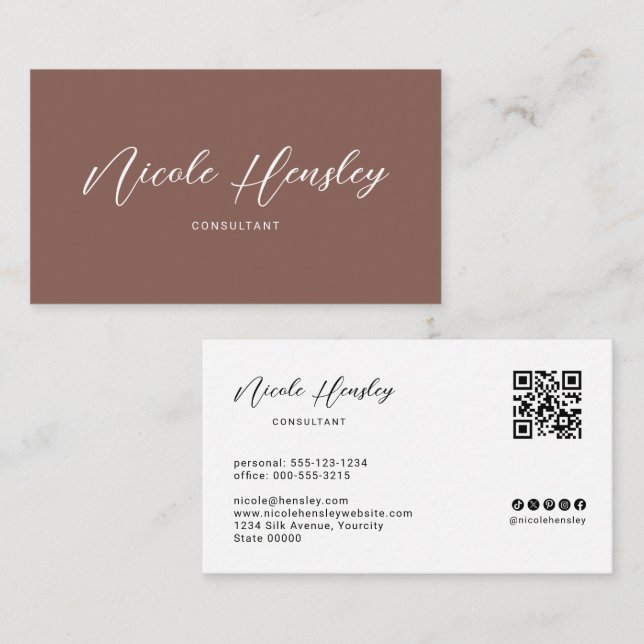 Cartão De Visita Modern Minimalist QR Code Terracotta (Frente/Verso)