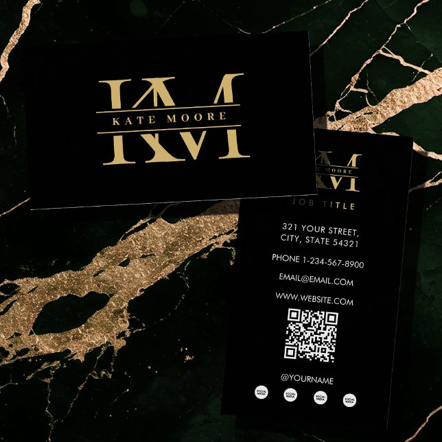 Cartão De Visita Modern Monogram Initials Professional Black Gold (Modern Monogram Initials Professional Black Gold Business Card)