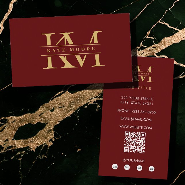 Cartão De Visita Modern Monogram Initials Professional Red Gold (Modern Monogram Initials Professional Red Gold Business Card)