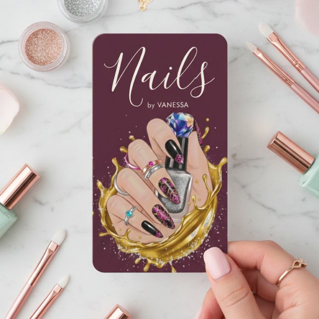 Cartão De Visita Modern Nail Art Studio Burgundy Manicurist Artist (Criador carregado)