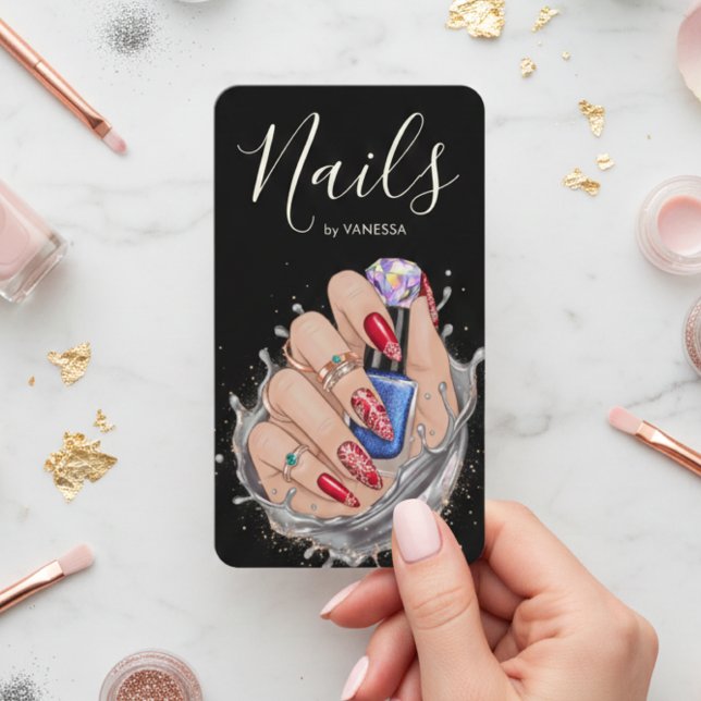 Cartão De Visita Modern Nail Studio Red Blue Manicurist Artist (Criador carregado)