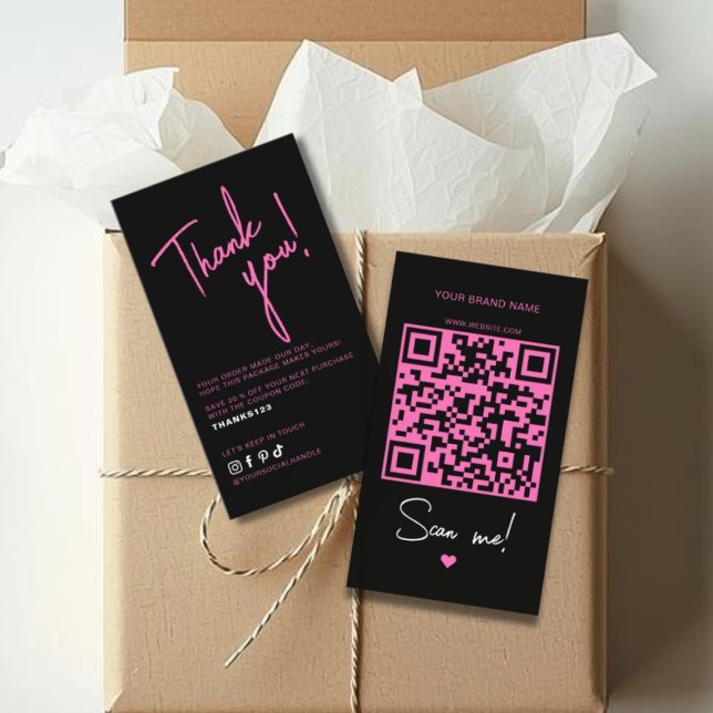 Cartão De Visita Modern pink black order thank you QR code (Criador carregado)