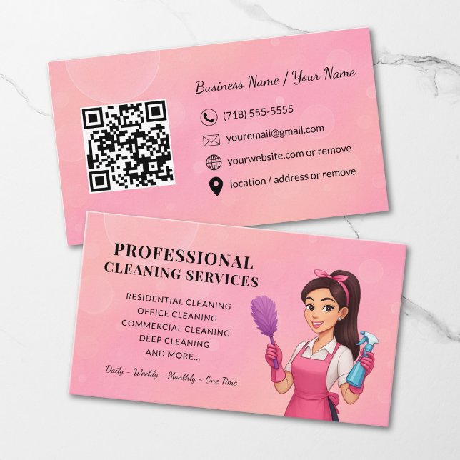 Cartão De Visita Modern Pink Cleaning Service Business Card (Criador carregado)