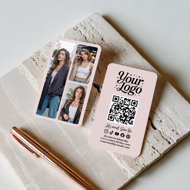 Cartão De Visita Modern Pink QR Code Social Media Icons Logo Photo (Modern Pink QR Code Social Media Icons Logo Photo)