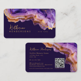 Cartão De Visita Modern Purple Agate & gold glitter marble QR Code