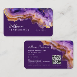 Cartão De Visita Modern Purple Agate & gold glitter marble QR Code