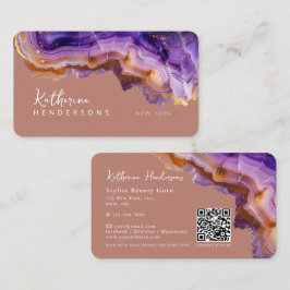 Cartão De Visita Modern Purple Agate & gold glitter marble QR Code