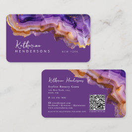 Cartão De Visita Modern Purple Agate & gold glitter marble QR Code