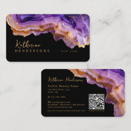 Cartão De Visita Modern Purple Agate & gold glitter marble QR Code