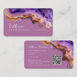 Cartão De Visita Modern Purple Agate & gold glitter marble QR Code