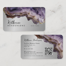 Cartão De Visita Modern Purple Agate & gold glitter marble QR Code