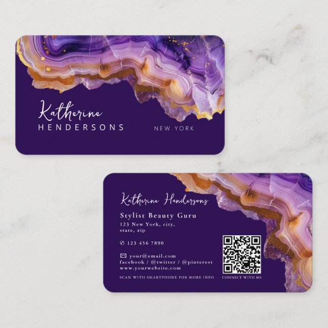 Cartão De Visita Modern Purple Agate & gold glitter marble QR Code (Frente/Verso)