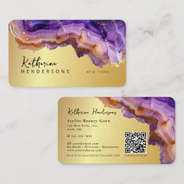 Cartão De Visita Modern Purple Agate & gold glitter marble QR Code